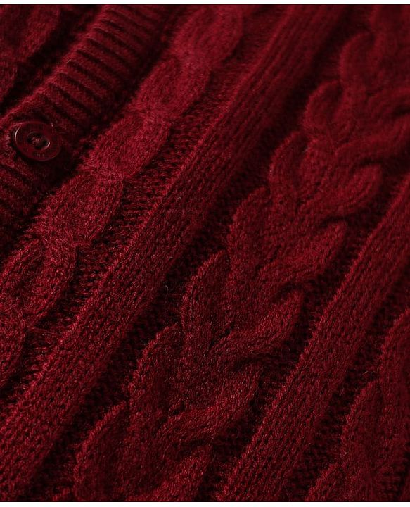 Babyhug Sweater Knit Full Sleeves Front Open Romper With Cable Knit Design - Dark Red