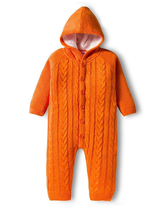Babyhug Sweater Knit Full Sleeves Front Open Solid Hooded Winter Wear Romper with Cable Knit Design - Orange