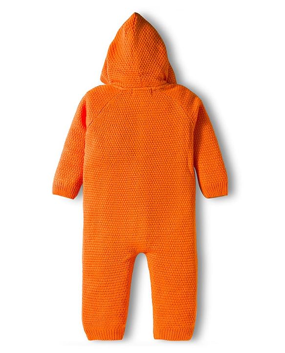 Babyhug Sweater Knit Full Sleeves Front Open Solid Hooded Winter Wear Romper with Cable Knit Design - Orange