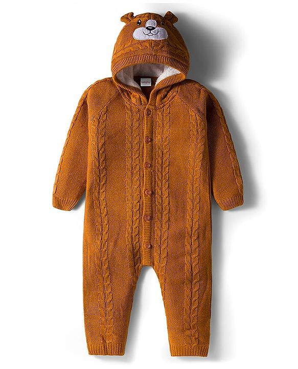 Babyhug Sweater Knit Full Raglan Sleeves Winter Wear Romper with Cable Knit Design Bear Embroidery - Light Brown