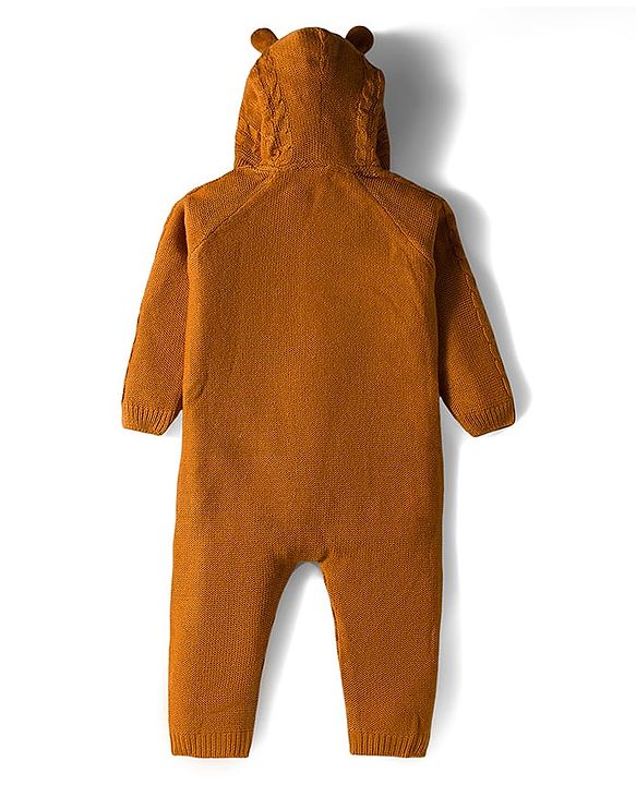 Babyhug Sweater Knit Full Raglan Sleeves Winter Wear Romper with Cable Knit Design Bear Embroidery - Light Brown