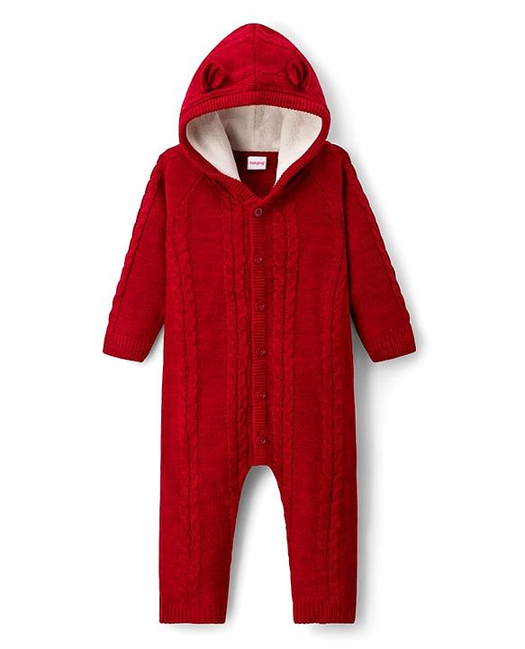 Babyhug Knit Full Sleeves Hooded Winter Wear Romper with Ear Applique & Cable Knit Design - Maroon