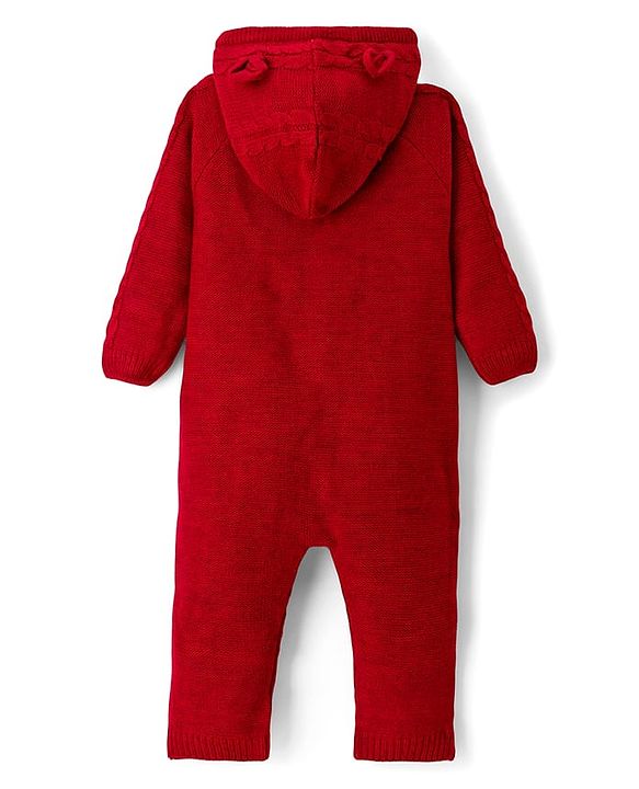 Babyhug Knit Full Sleeves Hooded Winter Wear Romper with Ear Applique & Cable Knit Design - Maroon