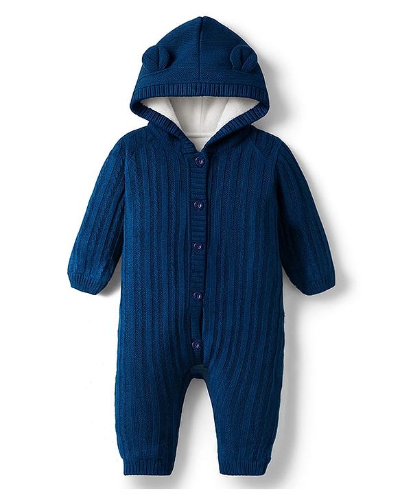 Babyhug Sweater Knit Full Sleeves Hooded Romper With Ear Applique - Navy Blue