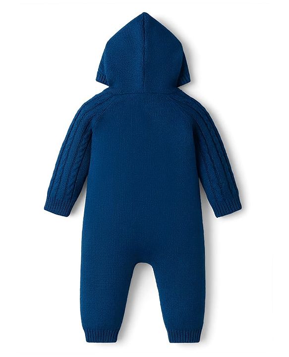 Babyhug Sweater Knit Full Sleeves Hooded Romper With Ear Applique - Navy Blue