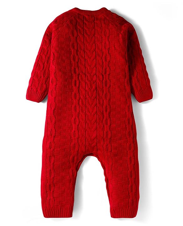 Babyhug Sweater Knit Full Raglan Sleeves Winter Romper with Cable Knit Design - Red