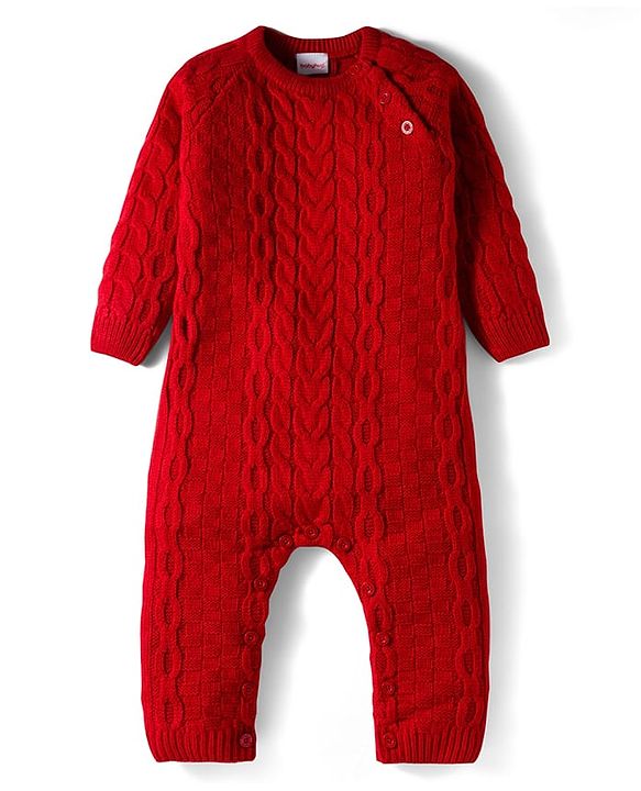 Babyhug Sweater Knit Full Raglan Sleeves Winter Romper with Cable Knit Design - Red