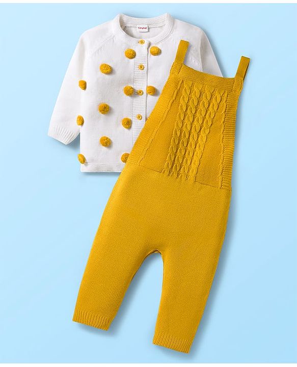 Babyhug Sweater Knit Winter Wear Dungaree Style Romper & Full Raglan Sleeves Inner Tee With Cable Knit Design - White & Mustard