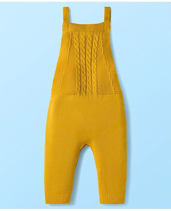 Babyhug Sweater Knit Winter Wear Dungaree Style Romper & Full Raglan Sleeves Inner Tee With Cable Knit Design - White & Mustard
