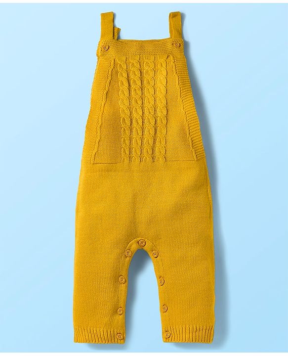 Babyhug Sweater Knit Winter Wear Dungaree Style Romper & Full Raglan Sleeves Inner Tee With Cable Knit Design - White & Mustard