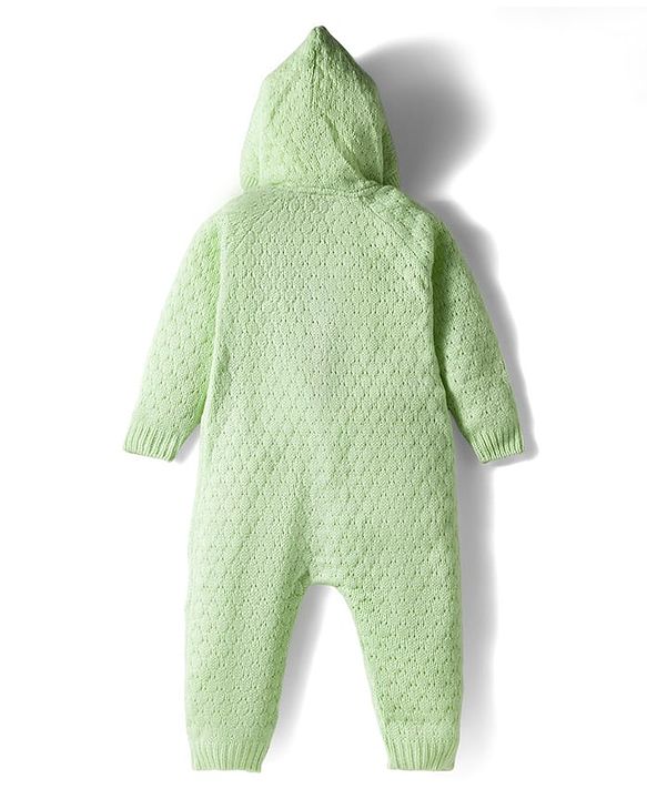 Babyhug  Knit Full Raglan Sleeves Solid Color Winter Wear Romper with Hood - Green