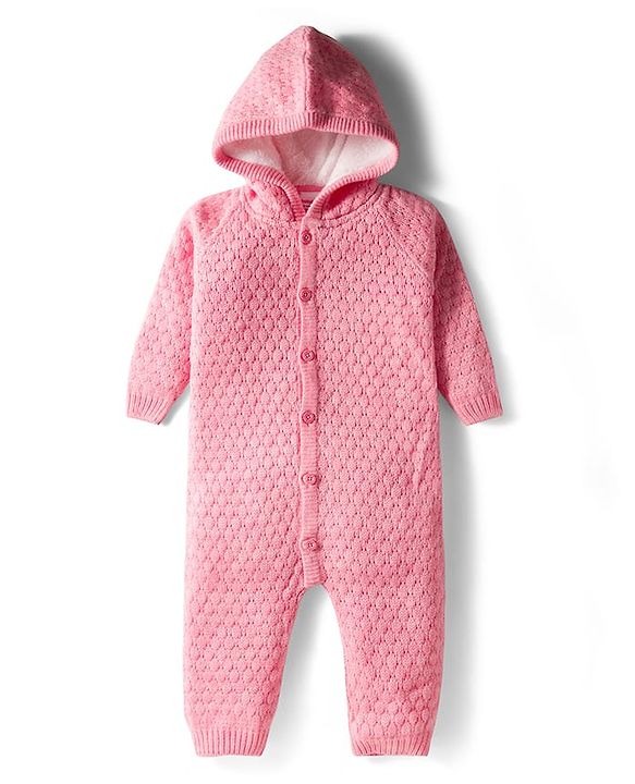 Babyhug  Knit Full Raglan Sleeves Solid Color Winter Wear Romper with Hood - Green