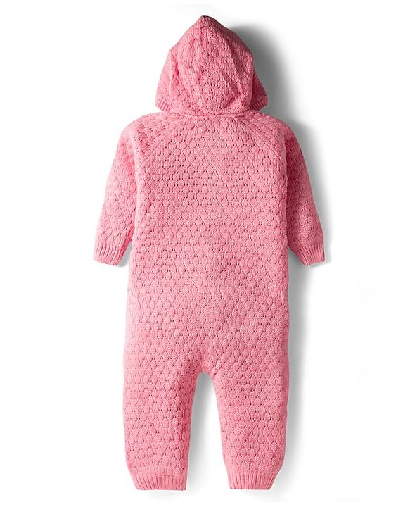 Babyhug  Knit Full Raglan Sleeves Solid Color Winter Wear Romper with Hood - Green