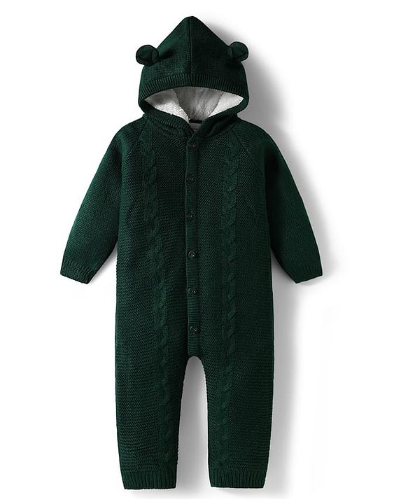 Babyhug Sweater Knit Full Sleeves Hooded Romper With Ear Applique - Navy Blue