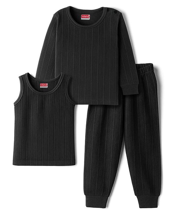 Babyhug Knit Full Sleeves Solid Thermal Set With Vest - Charcoal Grey