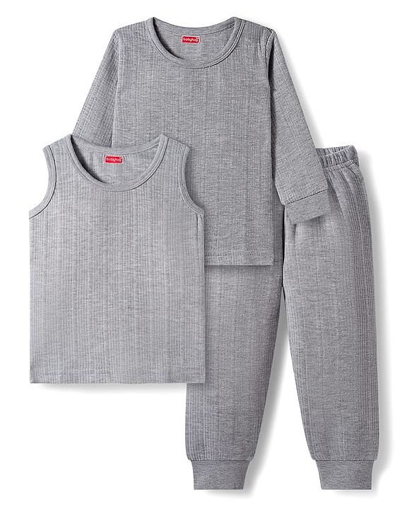 Babyhug Knit Solid Color Full Sleeves Pullover & Sleeveless Thermal Vest & Pant Set - Light Grey