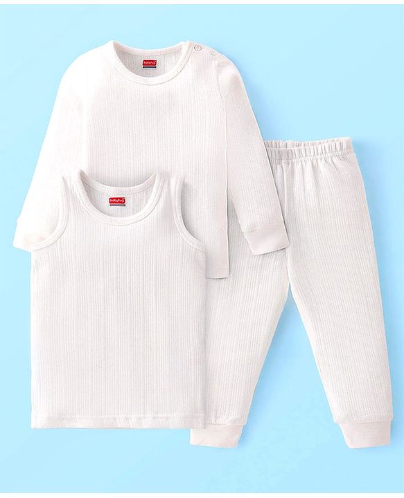 Babyhug Knit Full Sleeves Solid Color Thermal Innerwear Set with Vest - Offwhite