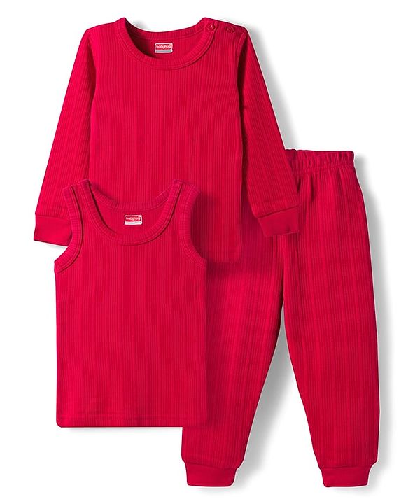 Babyhug Knit Full Sleeves Solid Color Thermal Vests & Pant Set - Red