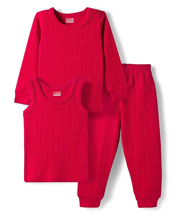 Babyhug Knit Full Sleeves Solid Color Thermal Vests & Pant Set - Red