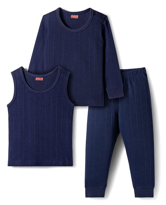 Babyhug Knit Full Sleeves Solid Thermal Set With Vest - Navy Blue