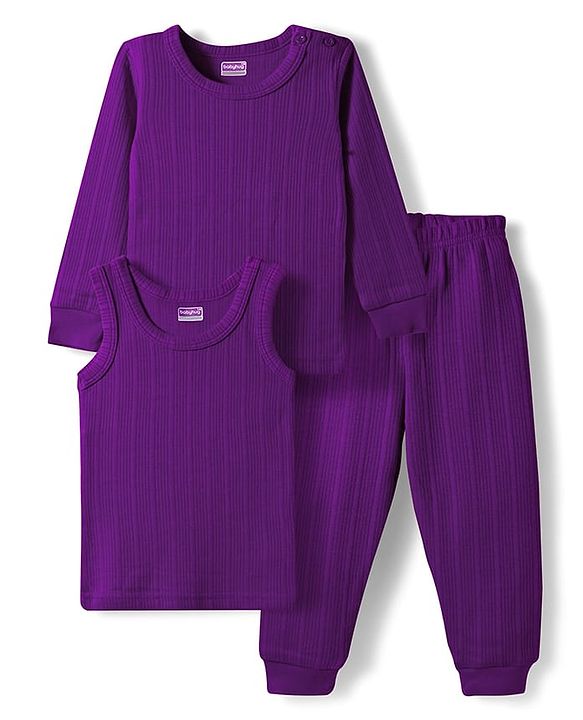 Babyhug Knit Full Sleeves Solid Color Thermal Vests & Pant Set - Purple