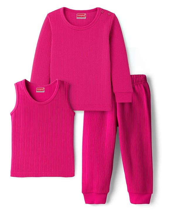 Babyhug Knit Full Sleeves Solid Thermal Set With Vest - Dark Pink
