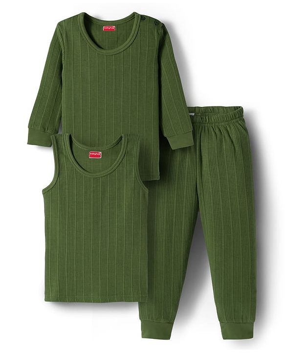 Babyhug Knit Solid Coloured Thermal Set With Vest - Olive Green