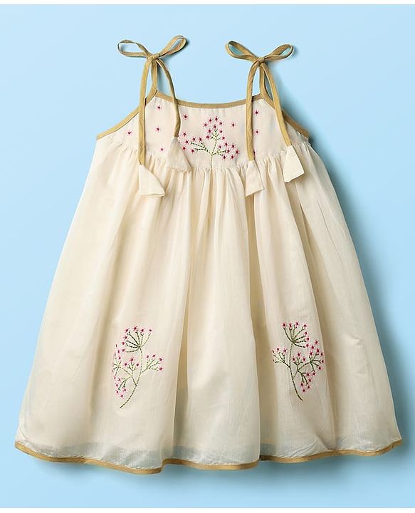 Babyhug South Cotton Woven Sleeveless Ethnic Dress With Floral Embroidery - Off White