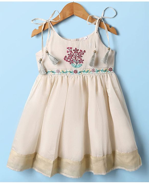 Babyhug South Cotton Woven Sleeveless Ethnic Dress with Floral Embroidery - Offwhite