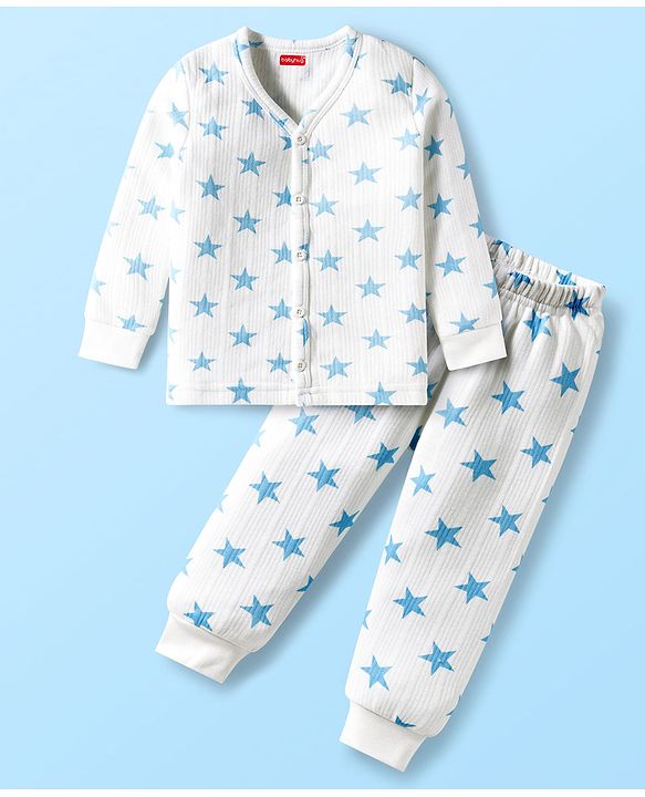 Babyhug Knit Full Sleeves Front Open Co-Ord Thermal Set With Star Print - White