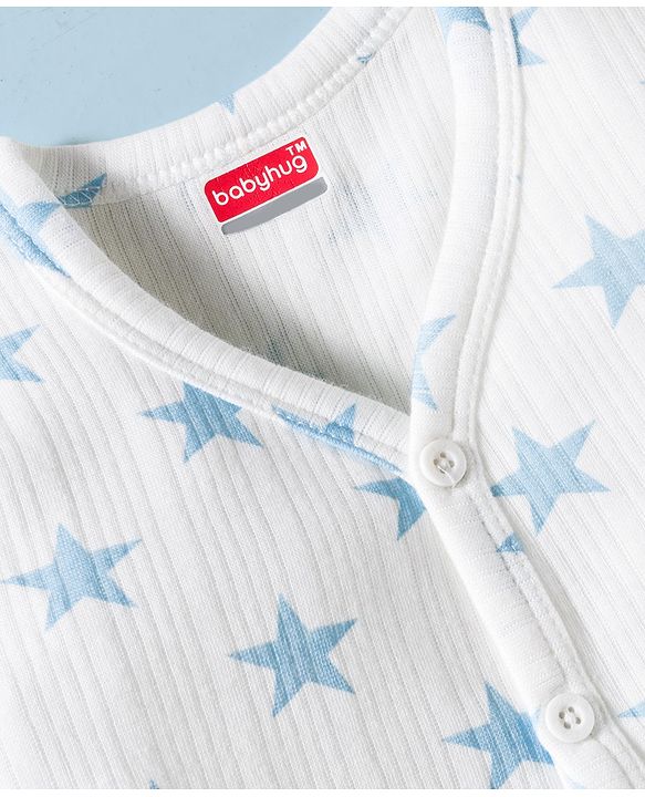 Babyhug Knit Full Sleeves Front Open Co-Ord Thermal Set With Star Print - White