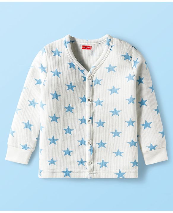 Babyhug Knit Full Sleeves Front Open Co-Ord Thermal Set With Star Print - White
