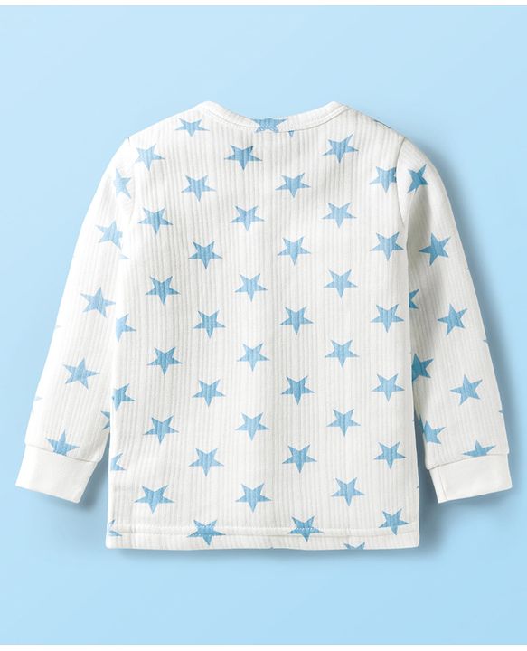 Babyhug Knit Full Sleeves Front Open Co-Ord Thermal Set With Star Print - White