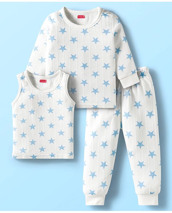 Babyhug Knit Full Sleeves Pullover Co-Ord Thermal Set With Star Print - White
