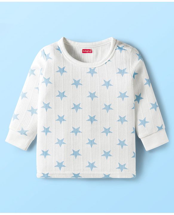 Babyhug Knit Full Sleeves Pullover Co-Ord Thermal Set With Star Print - White