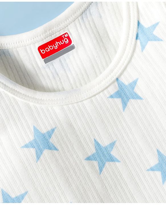 Babyhug Knit Full Sleeves Pullover Co-Ord Thermal Set With Star Print - White