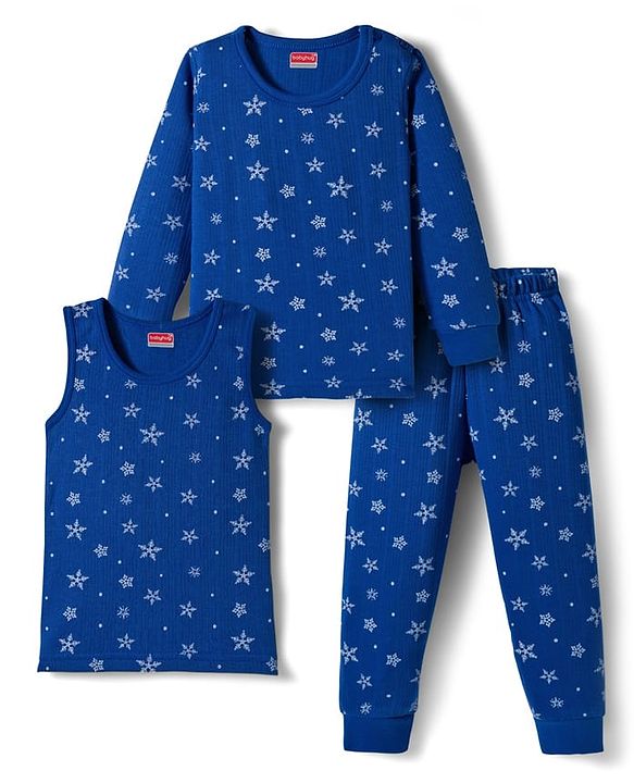 Babyhug Knit Full Sleeves Thermal Inner Wear Set With Star Print - Blue
