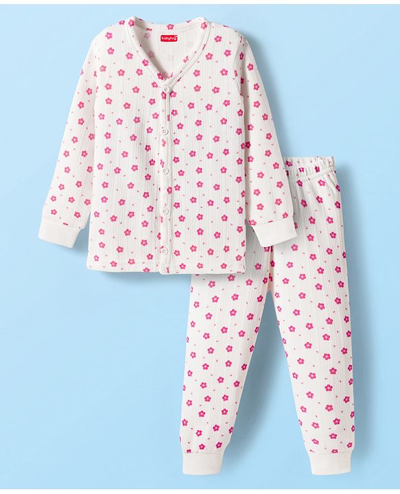Babyhug Cotton Knit Full Sleeves Thermal Wear Set With Floral Print - White
