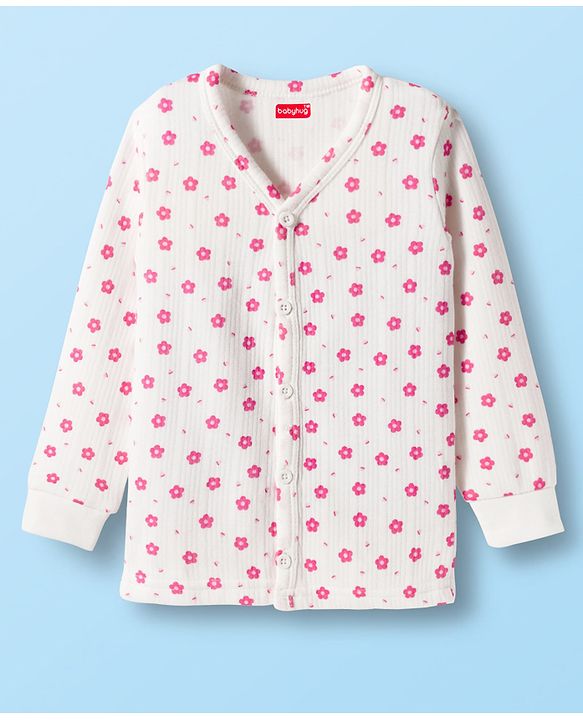 Babyhug Cotton Knit Full Sleeves Thermal Wear Set With Floral Print - White