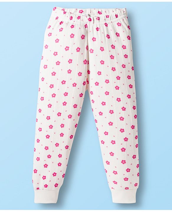 Babyhug Cotton Knit Full Sleeves Thermal Wear Set With Floral Print - White