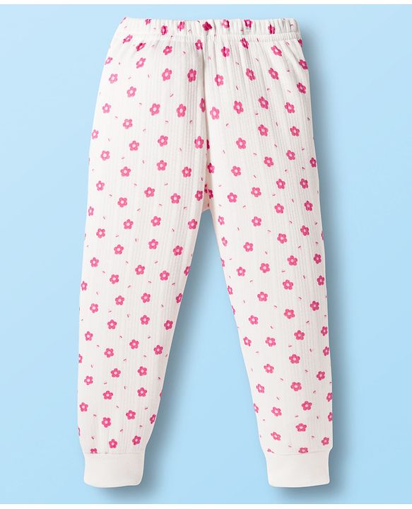 Babyhug Cotton Knit Full Sleeves Thermal Wear Set With Floral Print - White