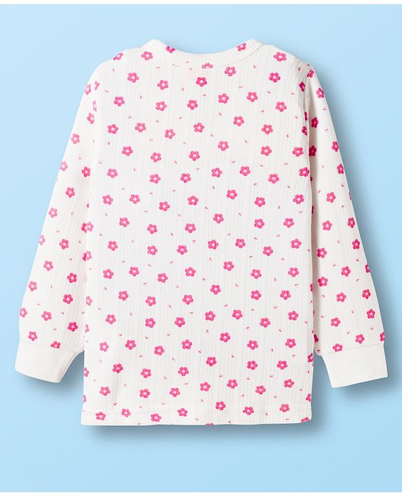 Babyhug Cotton Knit Full Sleeves Thermal Wear Set With Floral Print - White