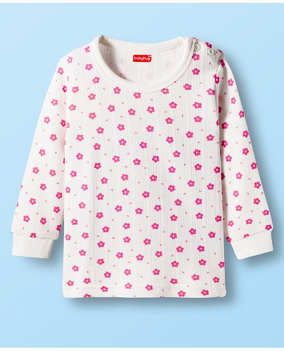 Babyhug Cotton Knit Full Sleeves Thermal Inner Wear Set With Floral Print - White