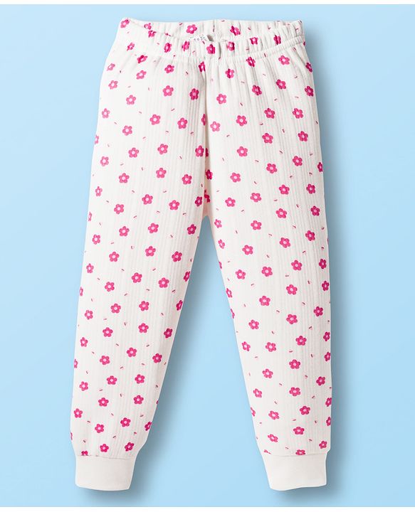 Babyhug Cotton Knit Full Sleeves Thermal Inner Wear Set With Floral Print - White