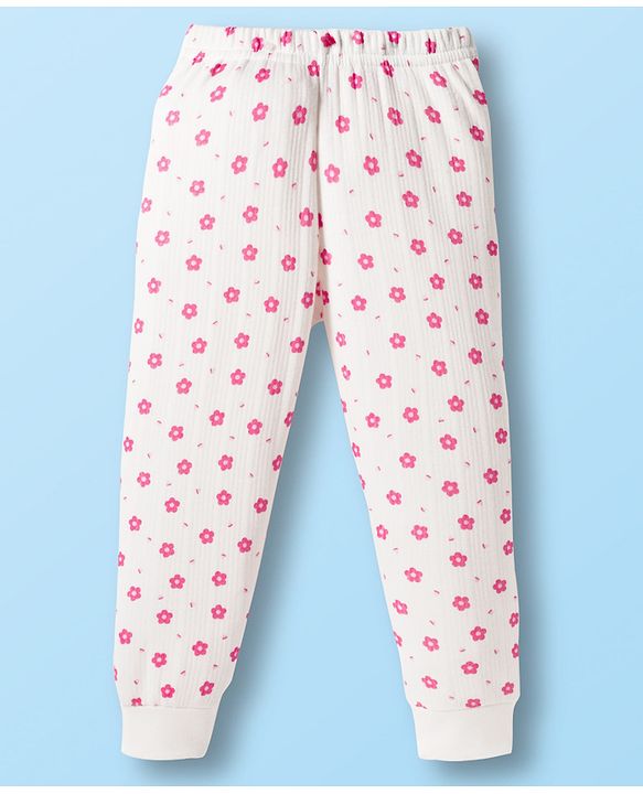 Babyhug Cotton Knit Full Sleeves Thermal Inner Wear Set With Floral Print - White