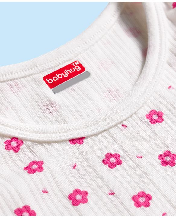 Babyhug Cotton Knit Full Sleeves Thermal Inner Wear Set With Floral Print - White