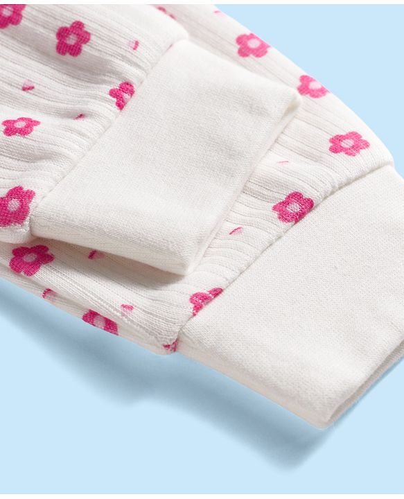 Babyhug Cotton Knit Full Sleeves Thermal Inner Wear Set With Floral Print - White