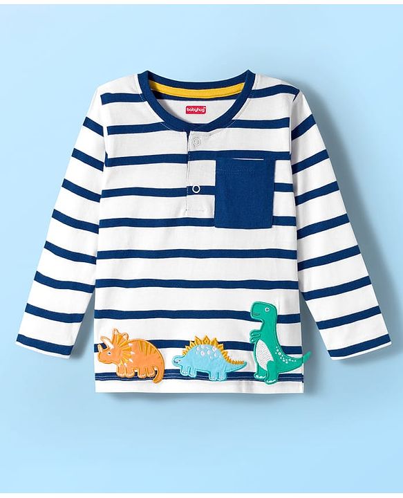 Babyhug 100 % Cotton Knit Full Sleeves  T-Shirt with Stripes & Dino Print - Navy Blue & White