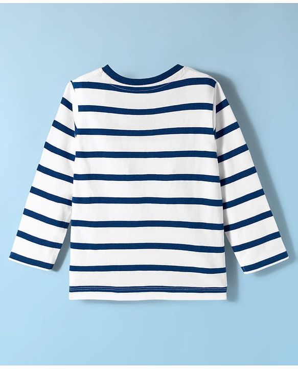 Babyhug 100 % Cotton Knit Full Sleeves  T-Shirt with Stripes & Dino Print - Navy Blue & White
