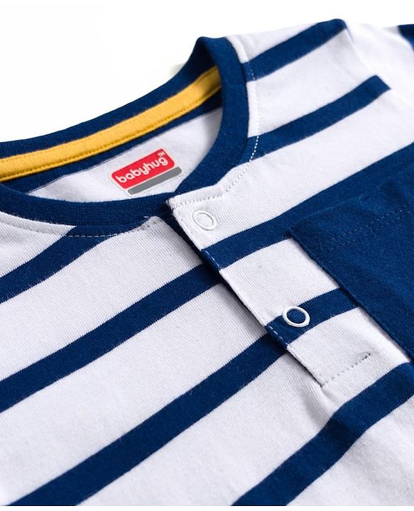 Babyhug 100 % Cotton Knit Full Sleeves  T-Shirt with Stripes & Dino Print - Navy Blue & White